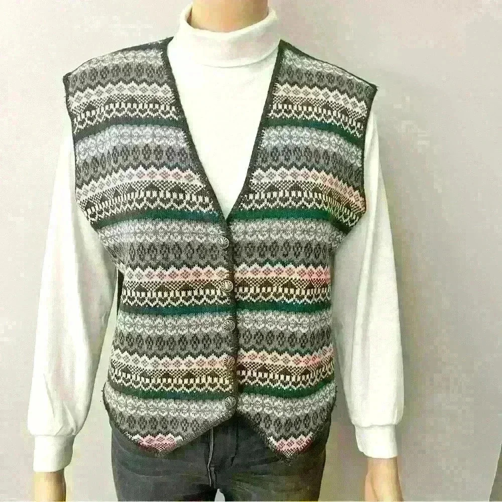 Vintage Boho Oversized Green Multicolored Button V-neck  Sweater Vest